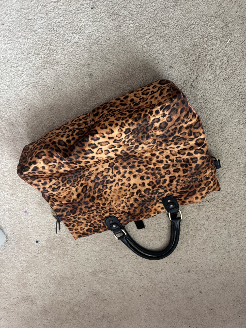 Leopard Print Faux Fur Satchel Bag with Black Handles - Picture 2 of 2